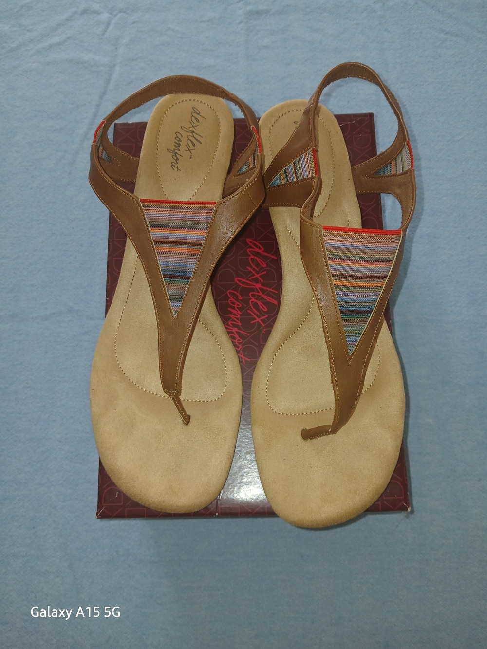 Dexflex Comfort Brown Leather Strappy Sandals with Multicolor Stripe Inset